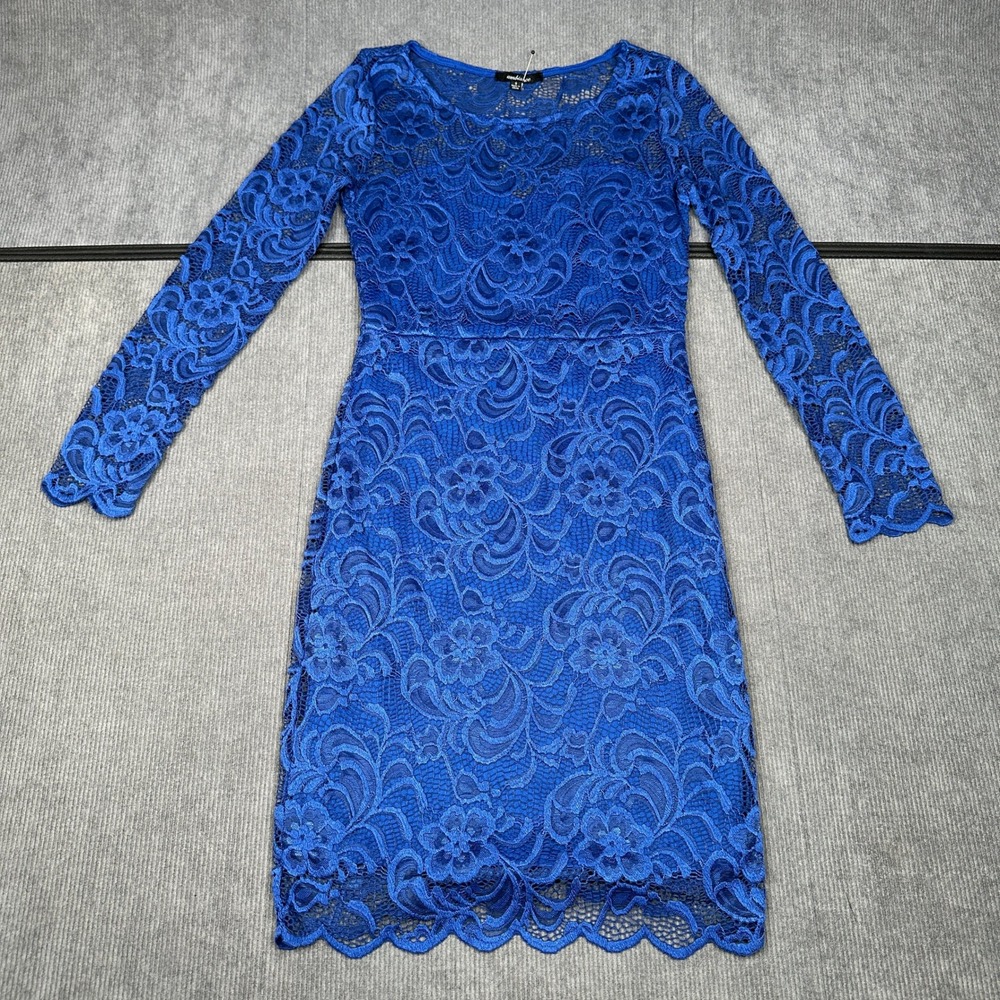 Ambiance Royal Blue Floral Lace Long Sleeve Sheath Dress Small Scalloped Hem Y2k